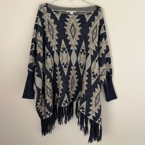 Boston Proper Aztec Knit Poncho - Black and Cream